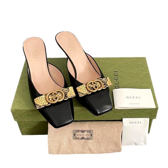 New GUCCI Women's BLACK Interlocking G Python Bow Mule Size 37.5 EURUS 7.5